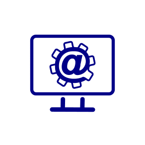 circle graphic with line drawing of a computer monitor with the @ symbol meant to signify the numerous ways to contact MagicBus